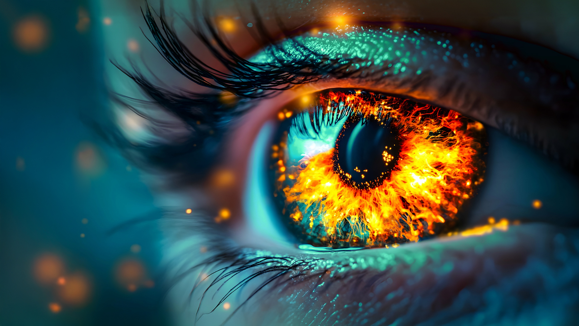 An eye which reflects fire